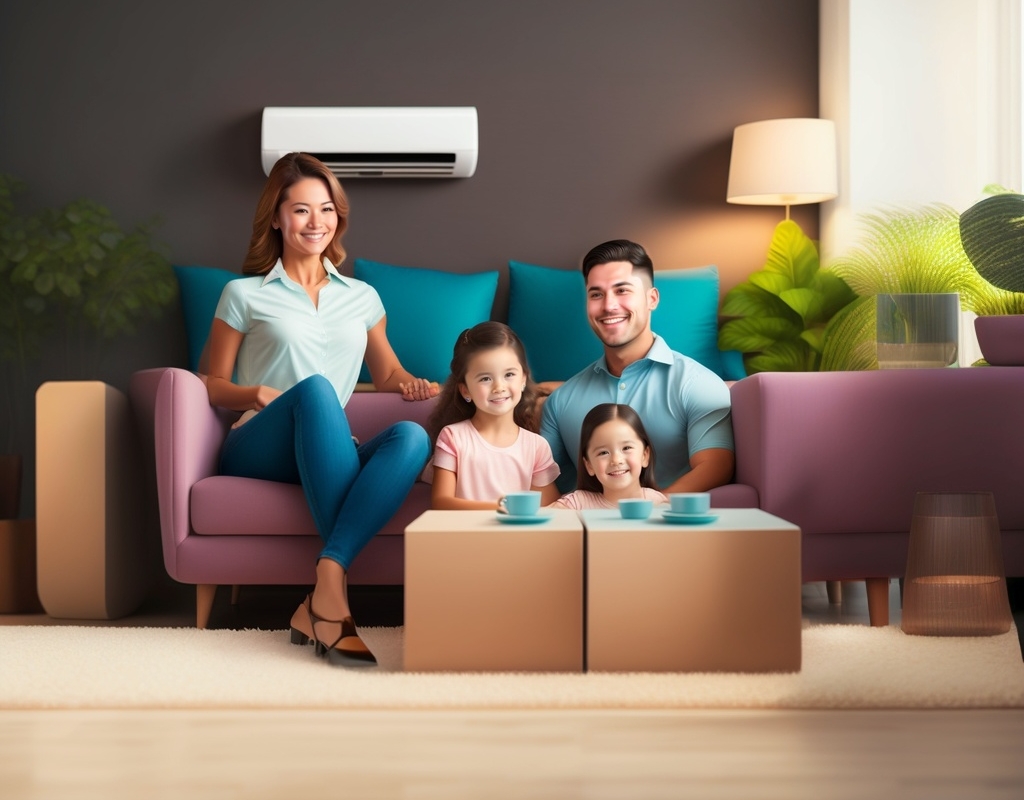 happy family sitting in living room